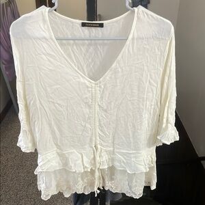 Bluheaven Elegant Boho Cream Lace Hem Ruffled Sleeve Blouse